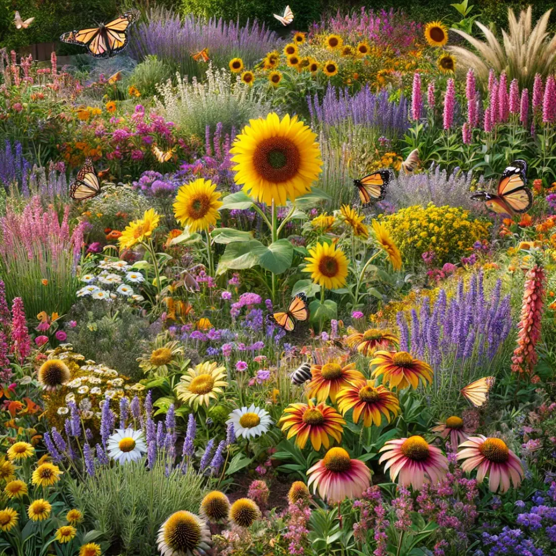 Vibrant garden filled with sunflowers, lavender, daisies, and coneflowers attracting bees, butterflies, and hummingbirds.