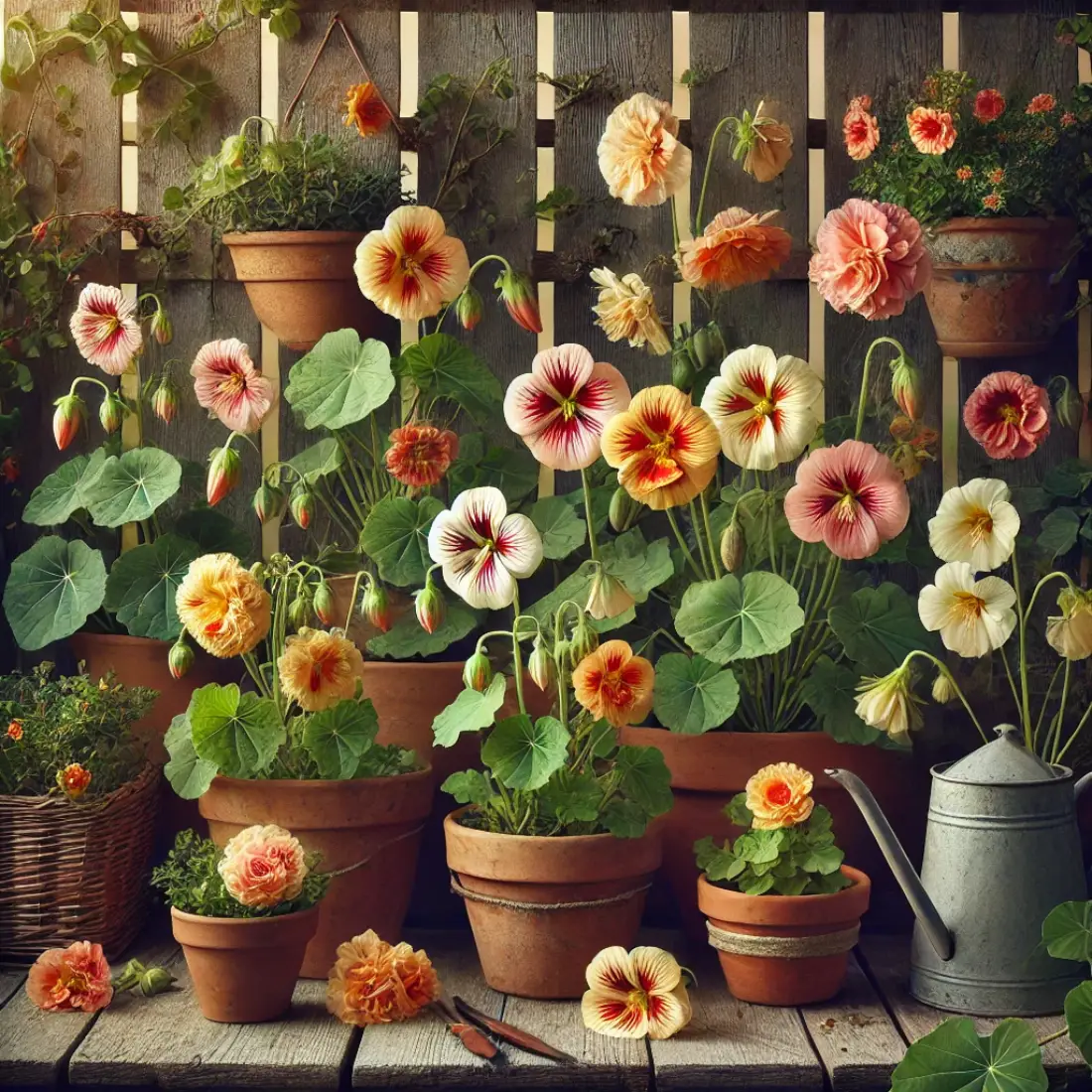 Garden scene with 'Whirlybird Mix' nasturtiums featuring semi-double flowers in various colors, and 'Peach Melba' nasturtiums with cream-colored blooms and red centers, set among lush green foliage with garden pots and a rustic wooden fence.