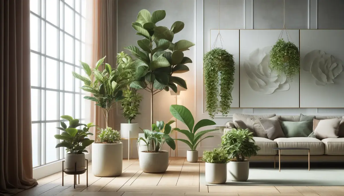 Various Ficus plants including Fiddle Leaf Fig and Rubber Plant in a stylish indoor setting with minimalist decor.