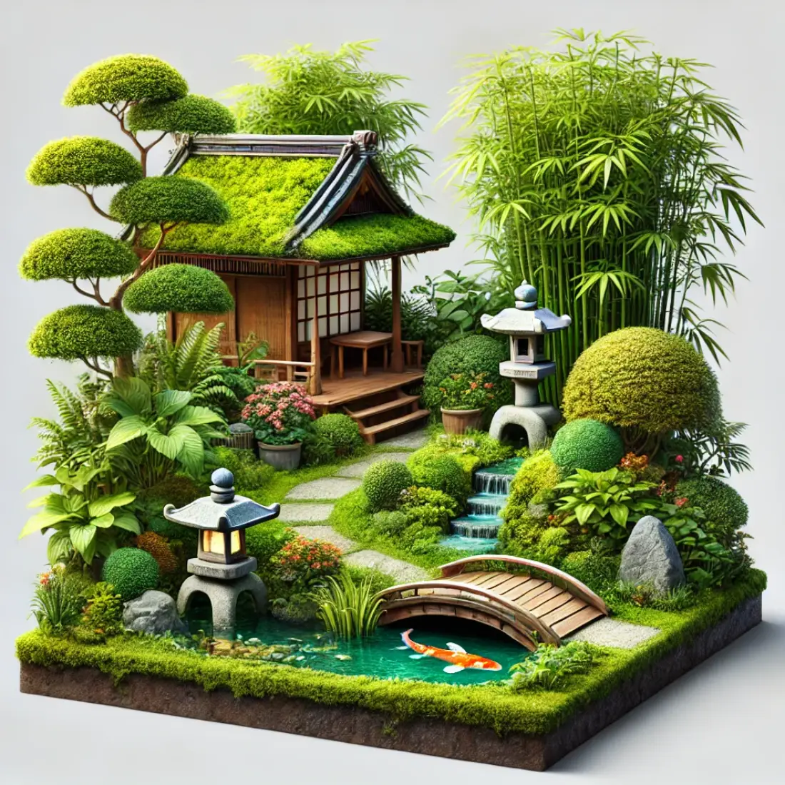 Realistic small home Japanese garden featuring dense greenery, ferns, moss, bamboo, a koi pond, stone lantern, and wooden bench.