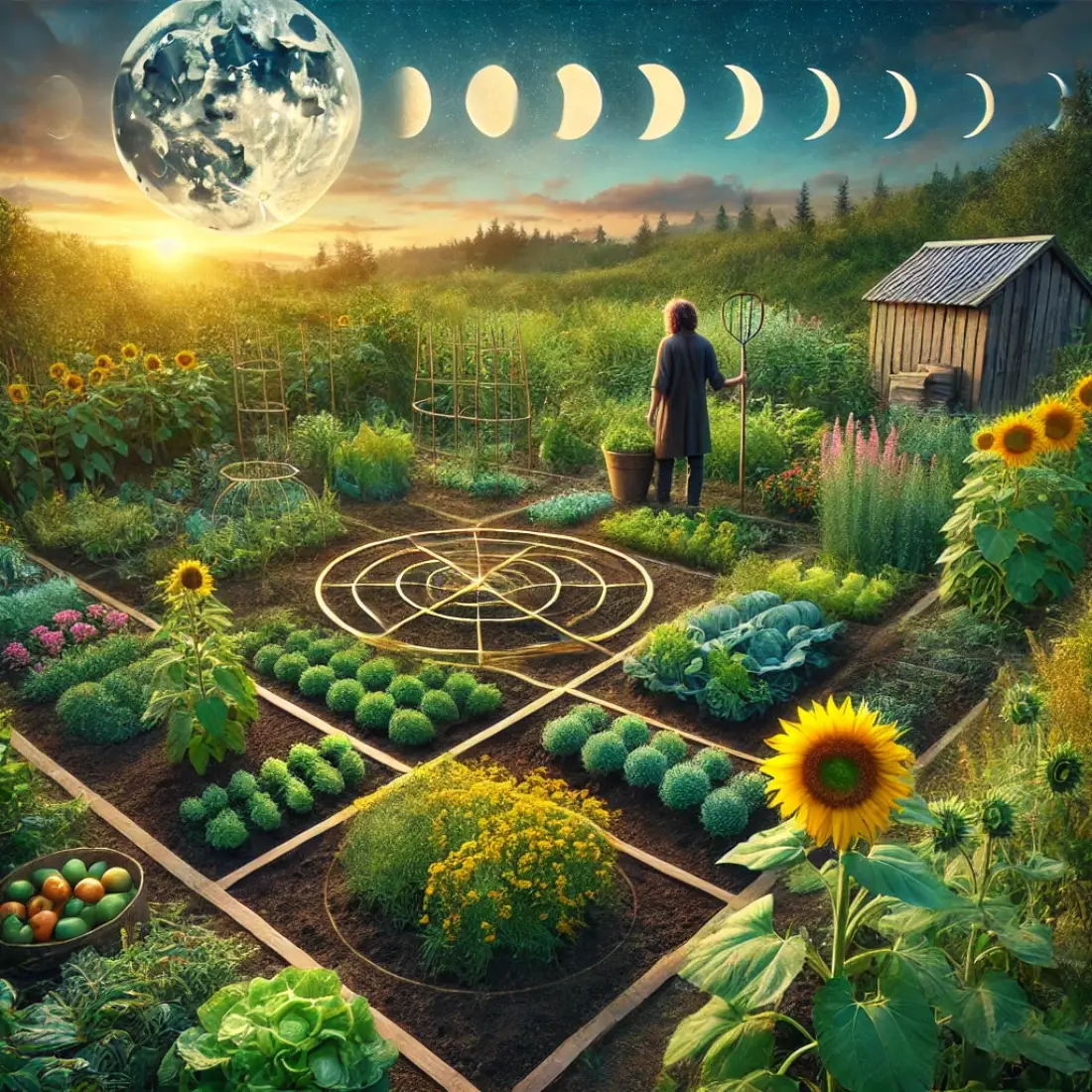 A serene biodynamic garden at dusk featuring vibrant crops, a gardener tending plants, and subtle lunar phases in the sky.