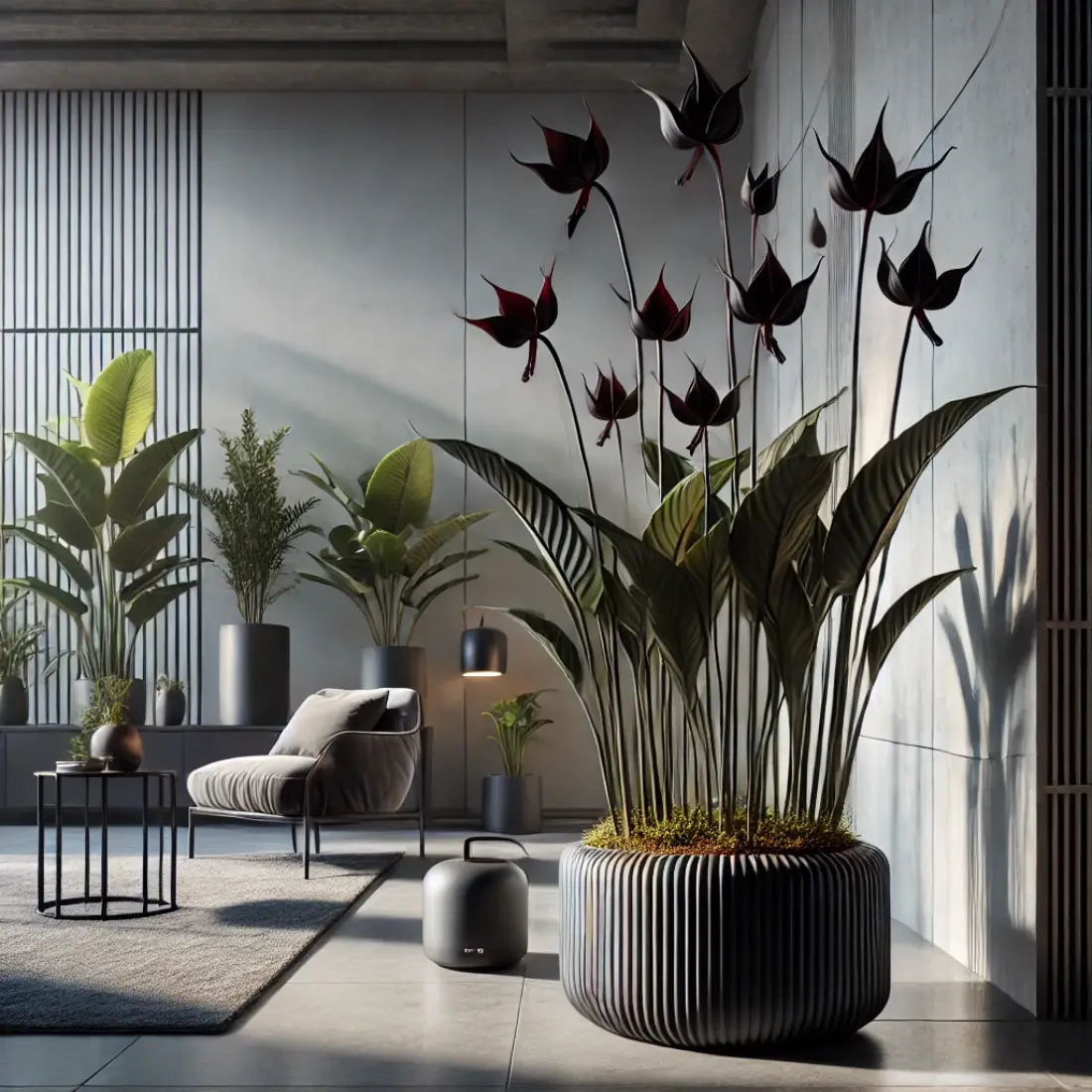 Indoor scene with a Black Bat Flower featuring black, bat-shaped flowers and long bracts in a modern pot, set in a well-lit, contemporary room with tropical decor.