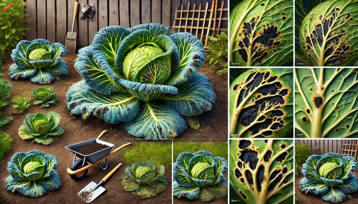 Cabbage plant with yellowing leaves, black veins, and V-shaped lesions, showing symptoms of black rot in a garden setting.