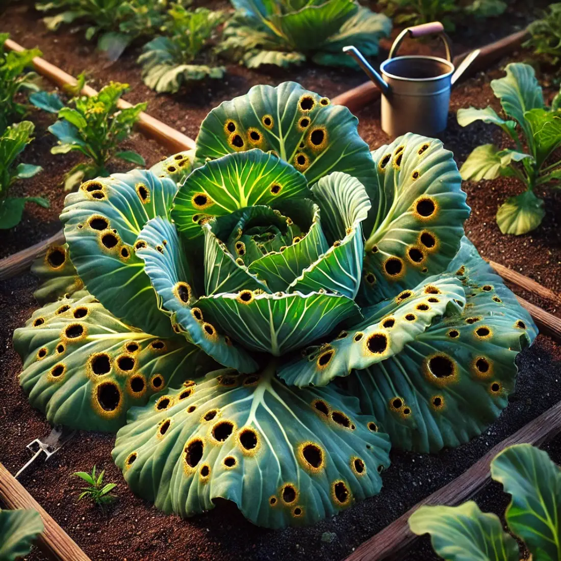 Cabbage plant with black rot, displaying yellow V-shaped lesions turned black on the leaves, in a garden with soil, a fence, and gardening tools.