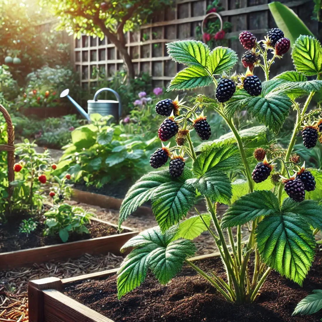 Lush blackberry plants with ripe berries in an organic garden, featuring rich soil, compost, a wooden fence, and a watering can.