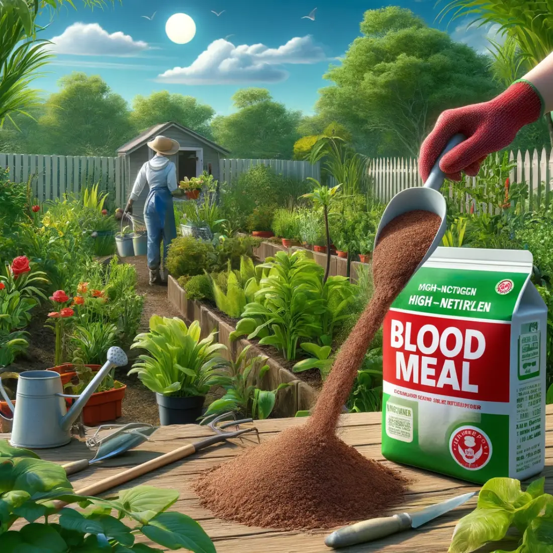 Gardener in sunhat applying powdered blood meal fertilizer to plants in a vibrant, healthy garden.