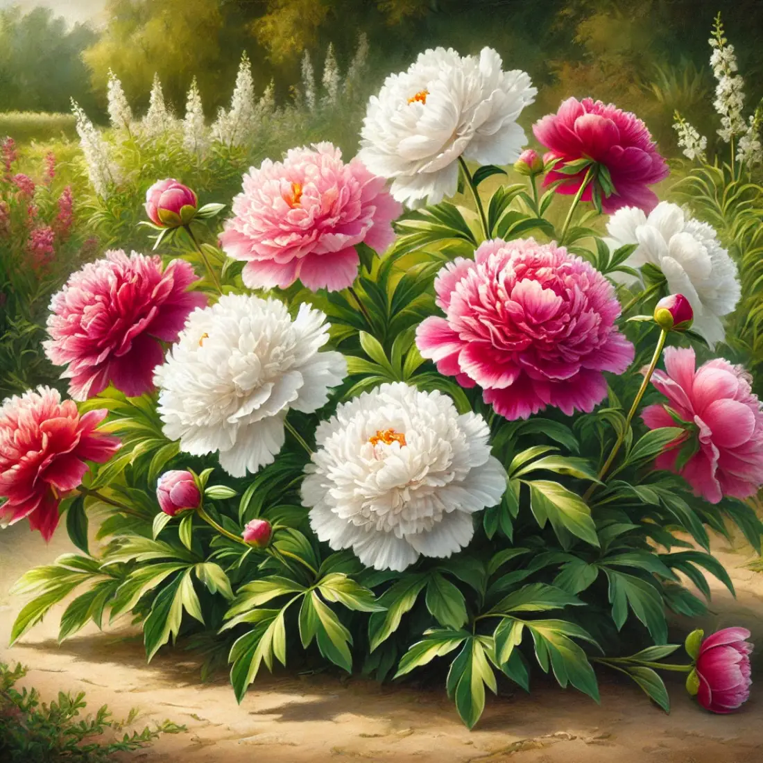 A cluster of peonies in full bloom, featuring large, showy flowers in white, pink, and deep red, set in a traditional garden with full sun and well-drained soil.