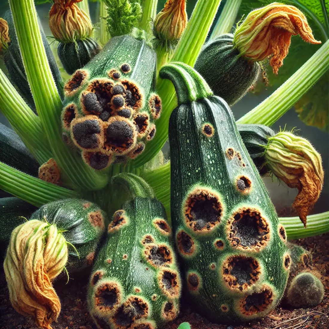 Zucchini plant with fruits showing dark, sunken spots at the blossom end, with signs of fungal growth, indicating blossom end rot due to calcium deficiency.