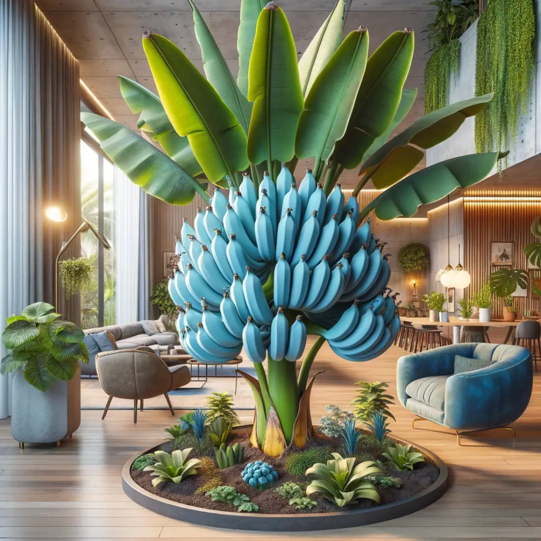 Indoor scene with a Blue Java Banana plant featuring large green leaves and a few blue-tinged bananas in clusters, surrounded by tropical decor and modern elements.