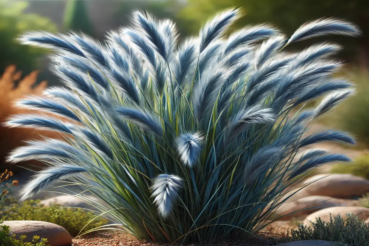 A close-up of a lush clump of blue oat grass (Helictotrichon sempervirens) with sleek, arched blades in a silvery-blue hue, glistening under sunlight. The softly blurred background features earthy tones of a summer garden, scattered wildflowers, and rocks, enhancing the ornamental appeal of the grass.