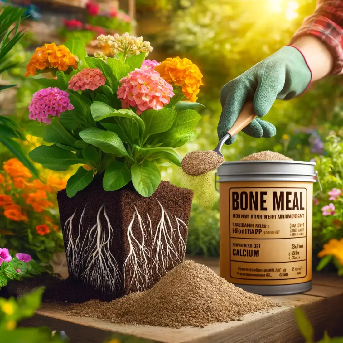 Hand in gardening gloves spreading bone meal around a flowering plant, with a labeled bone meal container nearby.