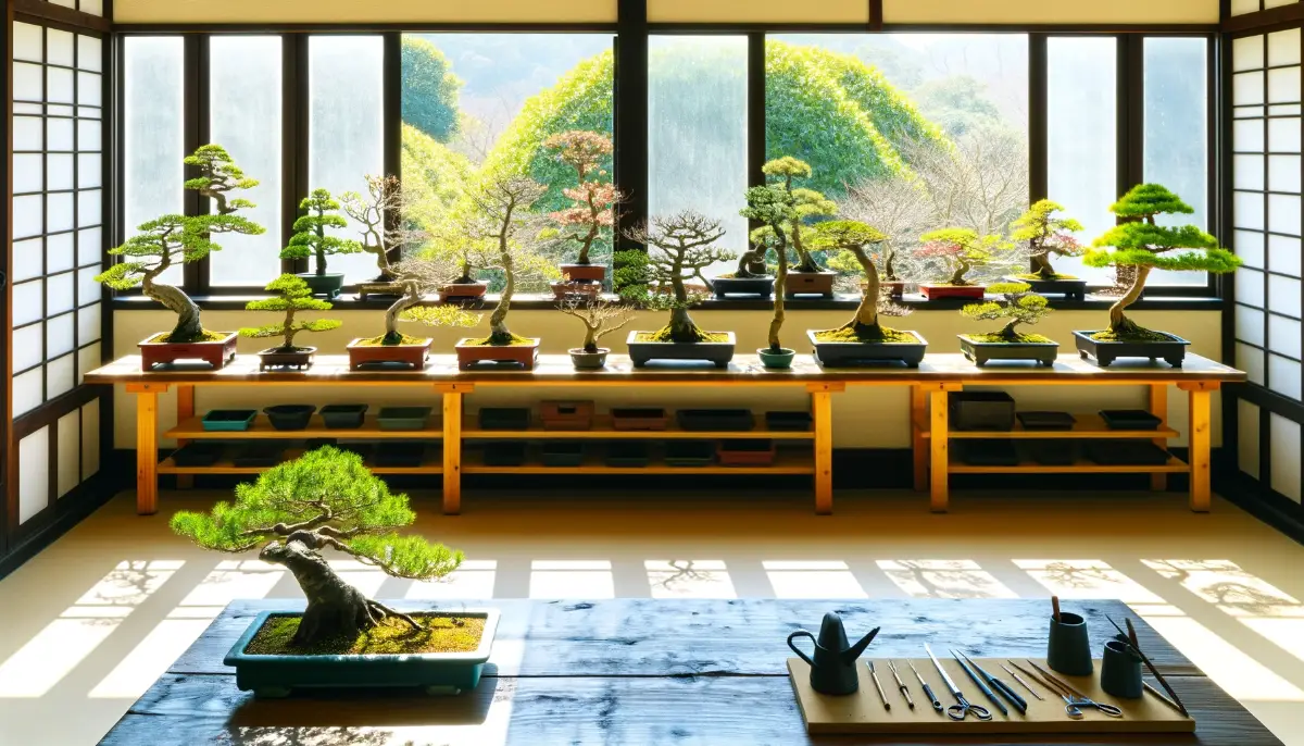 An artfully arranged bonsai garden room with sunlight highlighting various bonsai styles on wooden stands, complete with care tools on a workbench