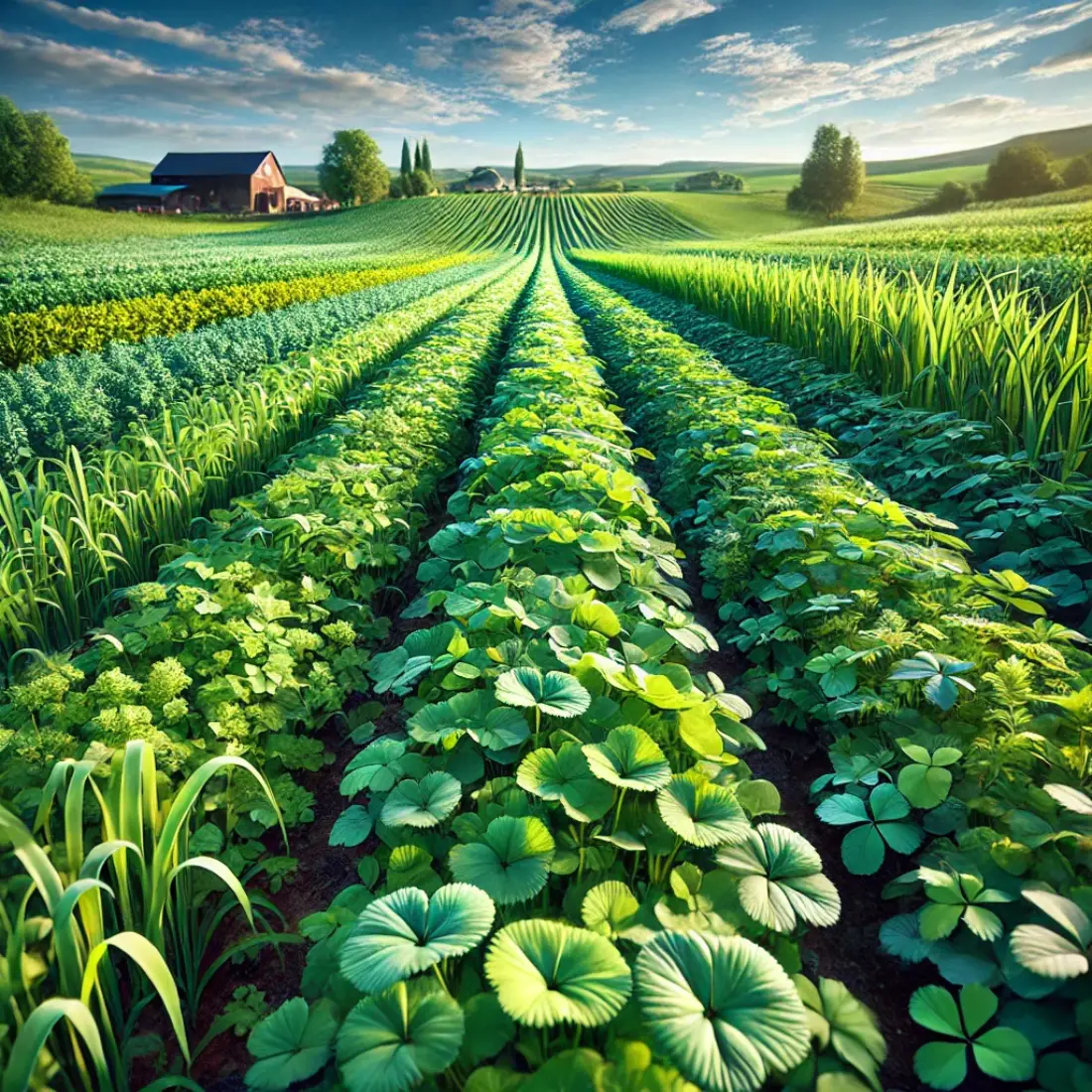 A fertile agricultural field with vibrant green manure cover crops, including clover, vetch, and rye, under a clear sky.