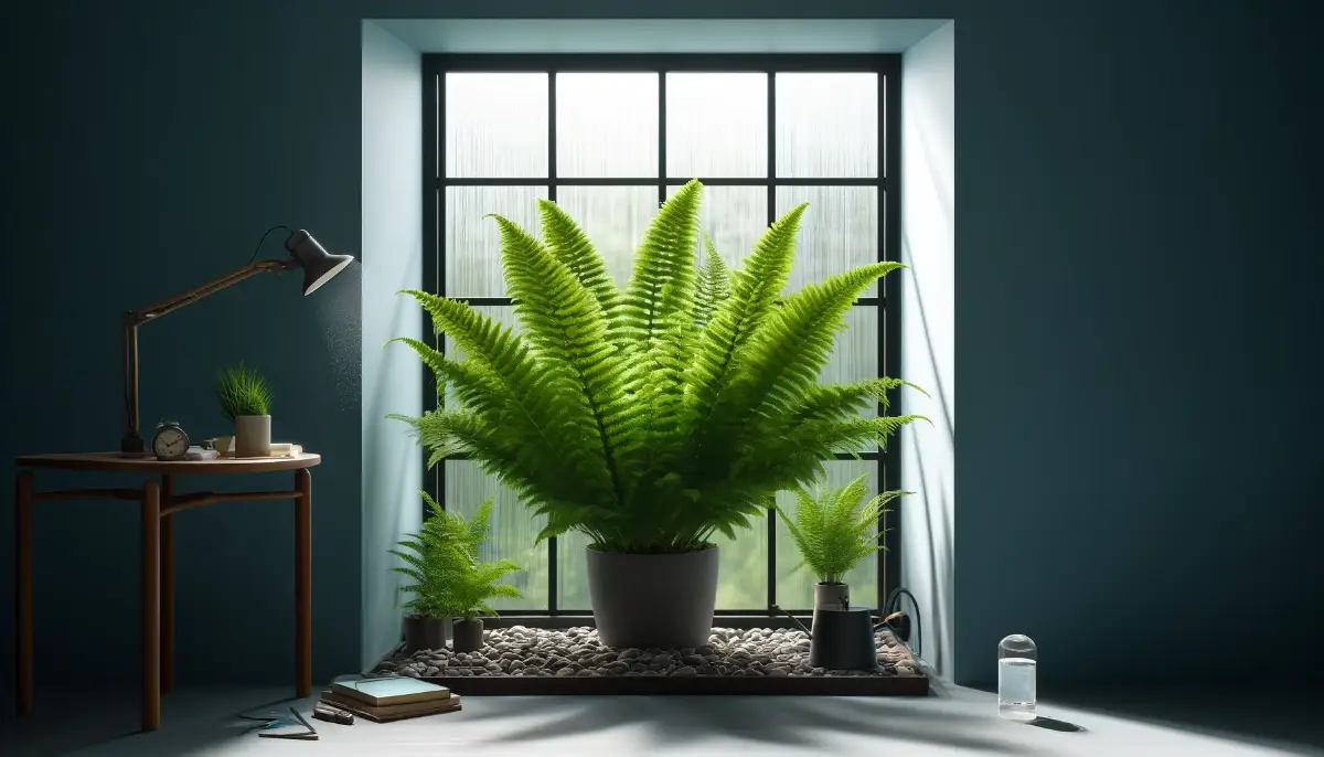 Boston Fern with lush, cascading fronds near a window providing filtered light, complete with a humidifier and pebble tray for moisture.