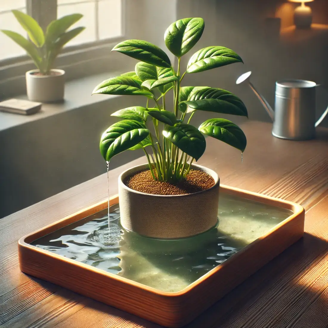 A realistic depiction of a potted indoor plant being bottom watered, with the plant placed in a shallow tray containing about an inch of water. The pot has visible drainage holes, and the soil is gradually absorbing the water. The plant features vibrant green leaves, and the setting includes a wooden tabletop with natural daylight streaming in through a nearby window. The background has subtle indoor decor, including a small watering can and a book, enhancing the cozy gardening ambiance.