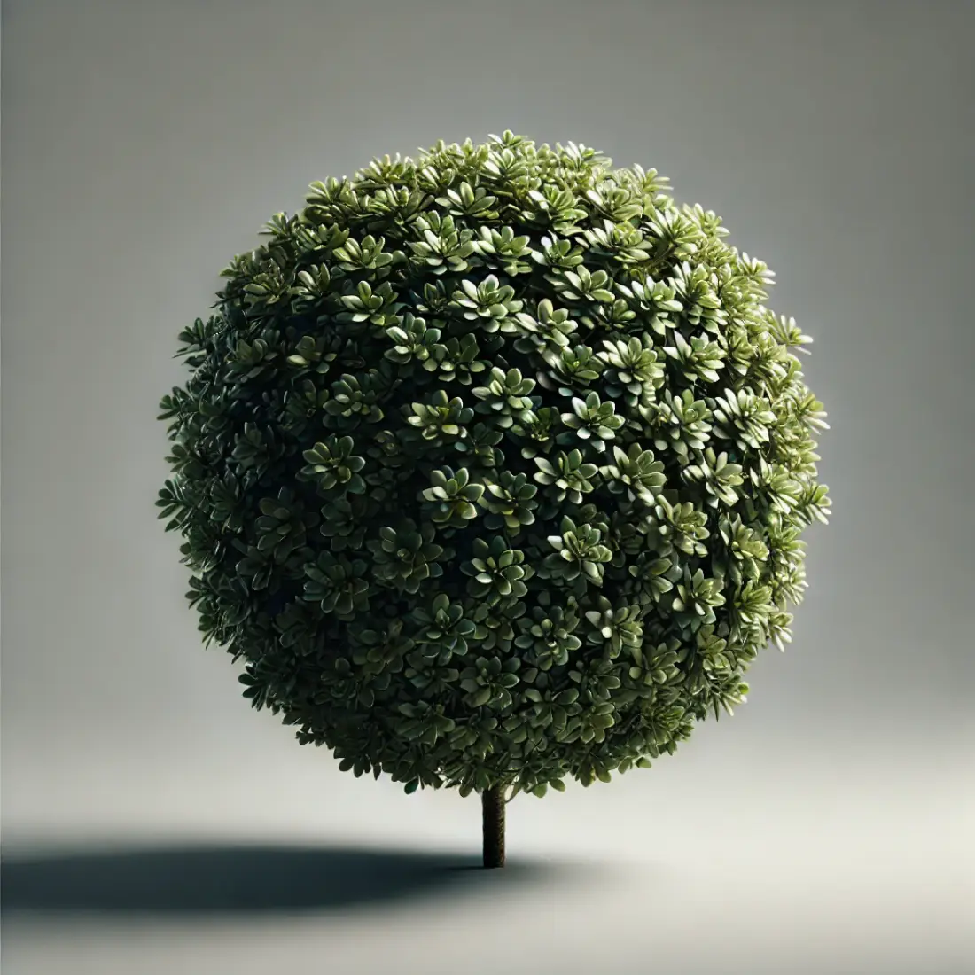 A close-up view of a single, dense boxwood plant with small, rounded evergreen leaves, highlighted by soft natural light against a neutral background.