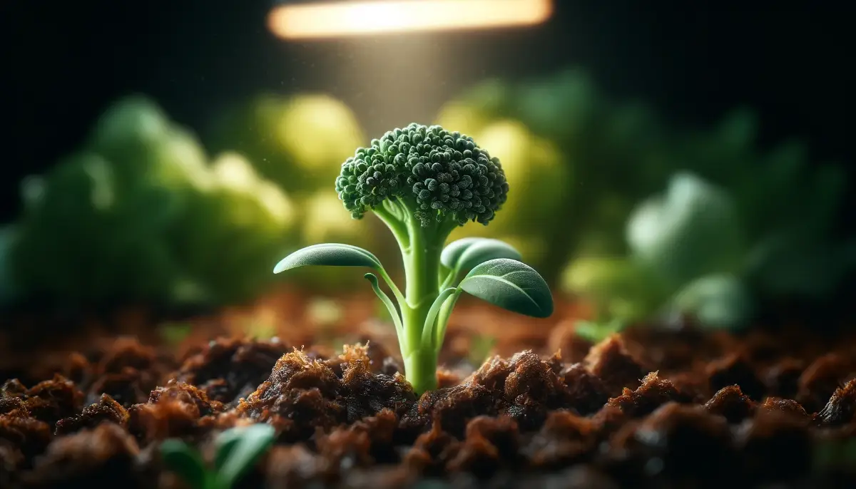 "Close-up of a broccoli seedling, highlighting its delicate leaves and rich soil, under the gentle glow of LED lights.