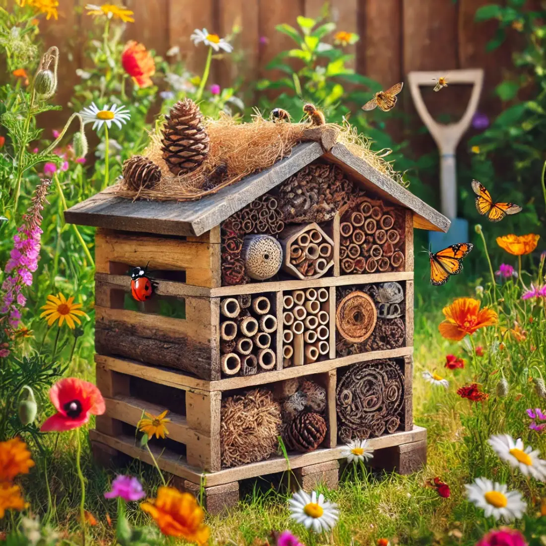 A homemade bug hotel made of wooden pallets, bamboo, and natural materials, surrounded by wildflowers, bees, and butterflies.