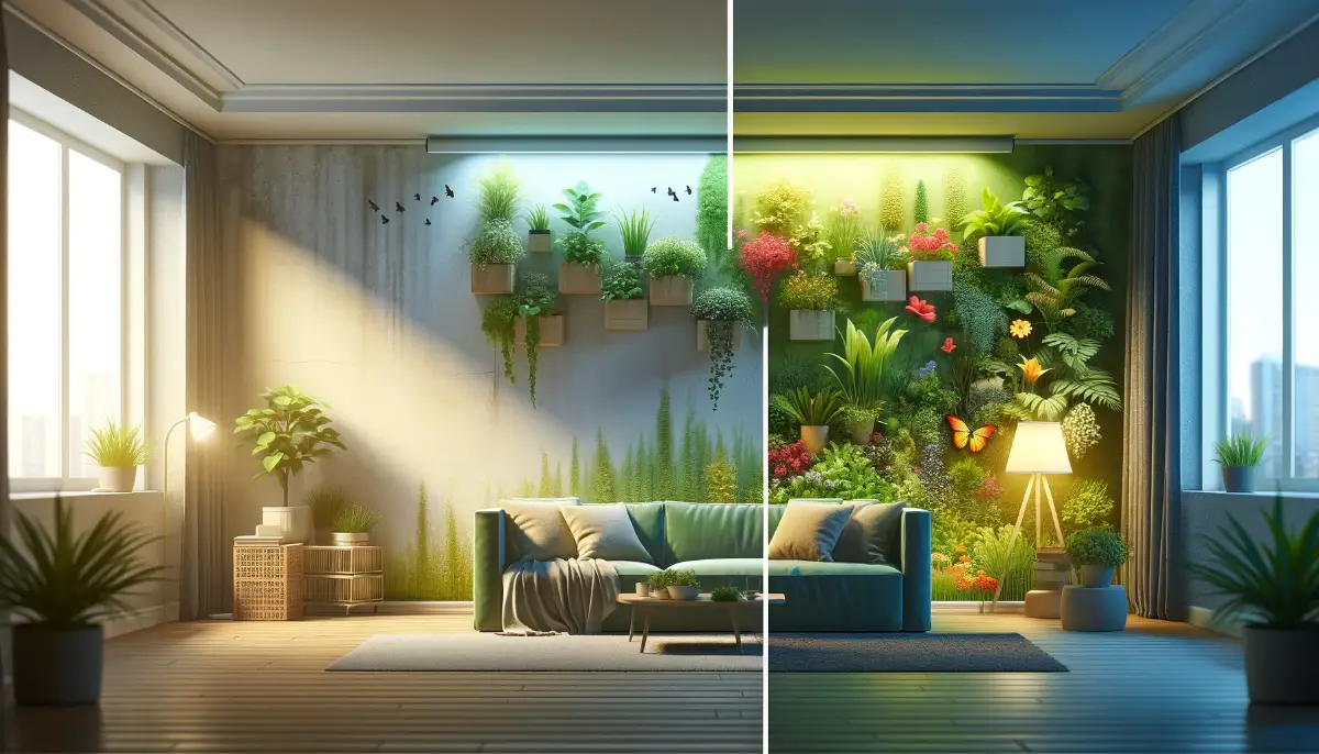Before-and-after view of a wall's transformation from blank to a lush vertical garden, showcasing vibrant plants and flowers