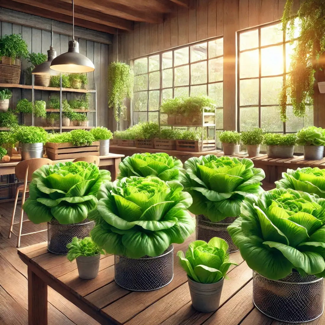 Butterhead lettuce varieties, including Boston and Bibb, growing indoors in individual containers on wooden shelves, with natural sunlight streaming through large windows in a cozy, rustic setting.
