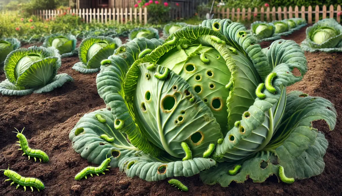 Cabbage patch showing holes and damage on leaves caused by cabbage worms and loopers, with close-up views of the pests.