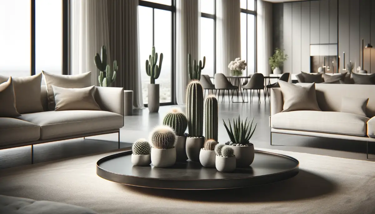 A minimalist living room featuring 2-3 unique cacti on a coffee table, surrounded by modern, soft-toned furniture