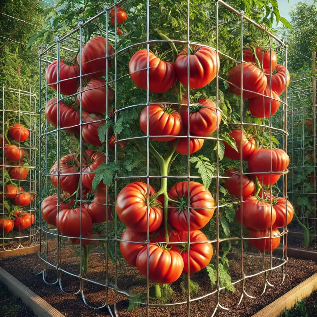 Metal cage trellises surrounding robust tomato plants with ripe red tomatoes in a well-maintained garden under a clear blue sky.