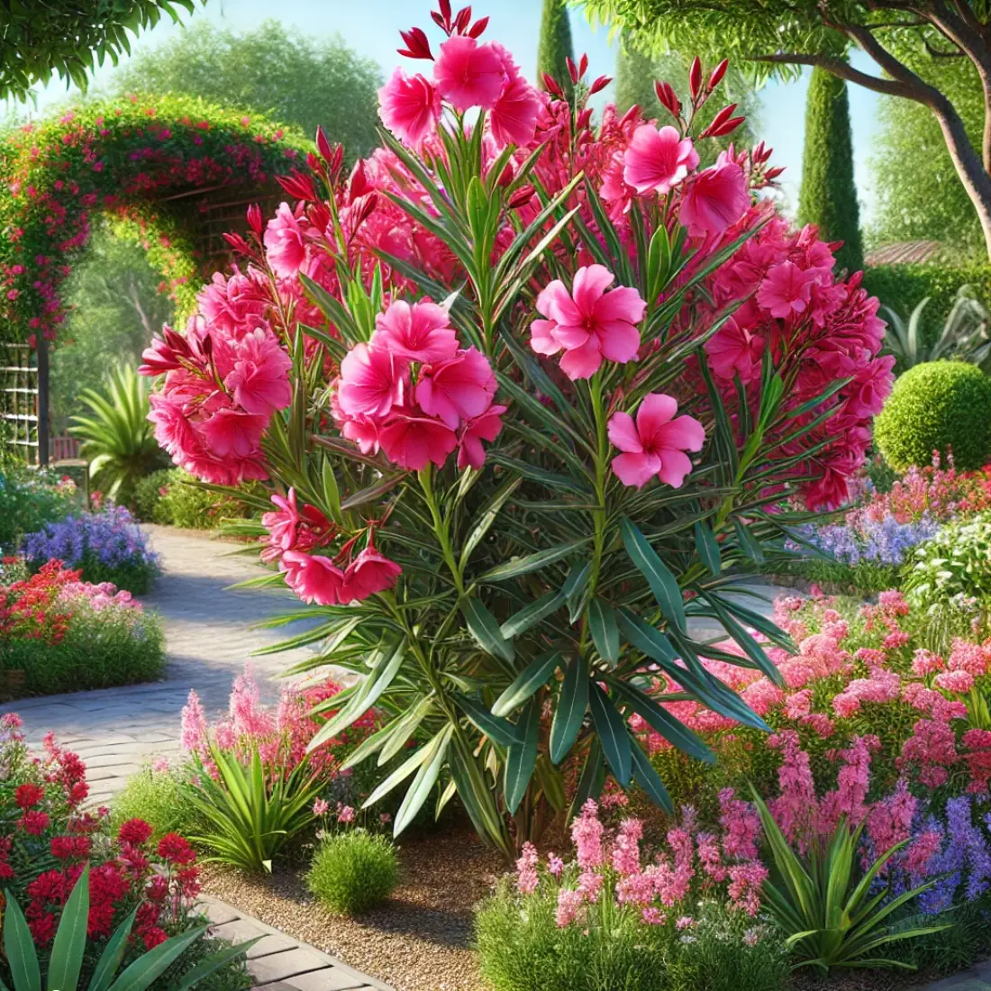 Calypso Oleander shrub with striking deep pink flowers in full bloom, lush green foliage, colorful flower beds, and a garden arch in a lively garden setting.