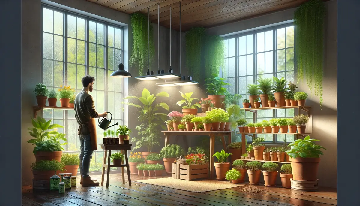 A gardener waters plants in terracotta pots on wooden shelves in a sunlit room, with organic fertilizers and LED grow lights overhead.