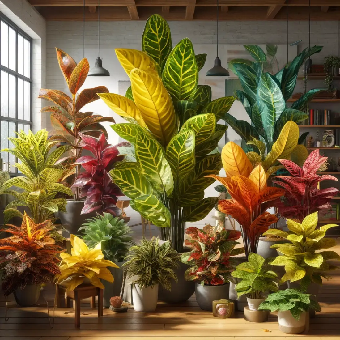 A collection of colorful Croton houseplants with glossy leaves in green, yellow, red, orange, and pink, arranged in a well-lit, cozy indoor space.