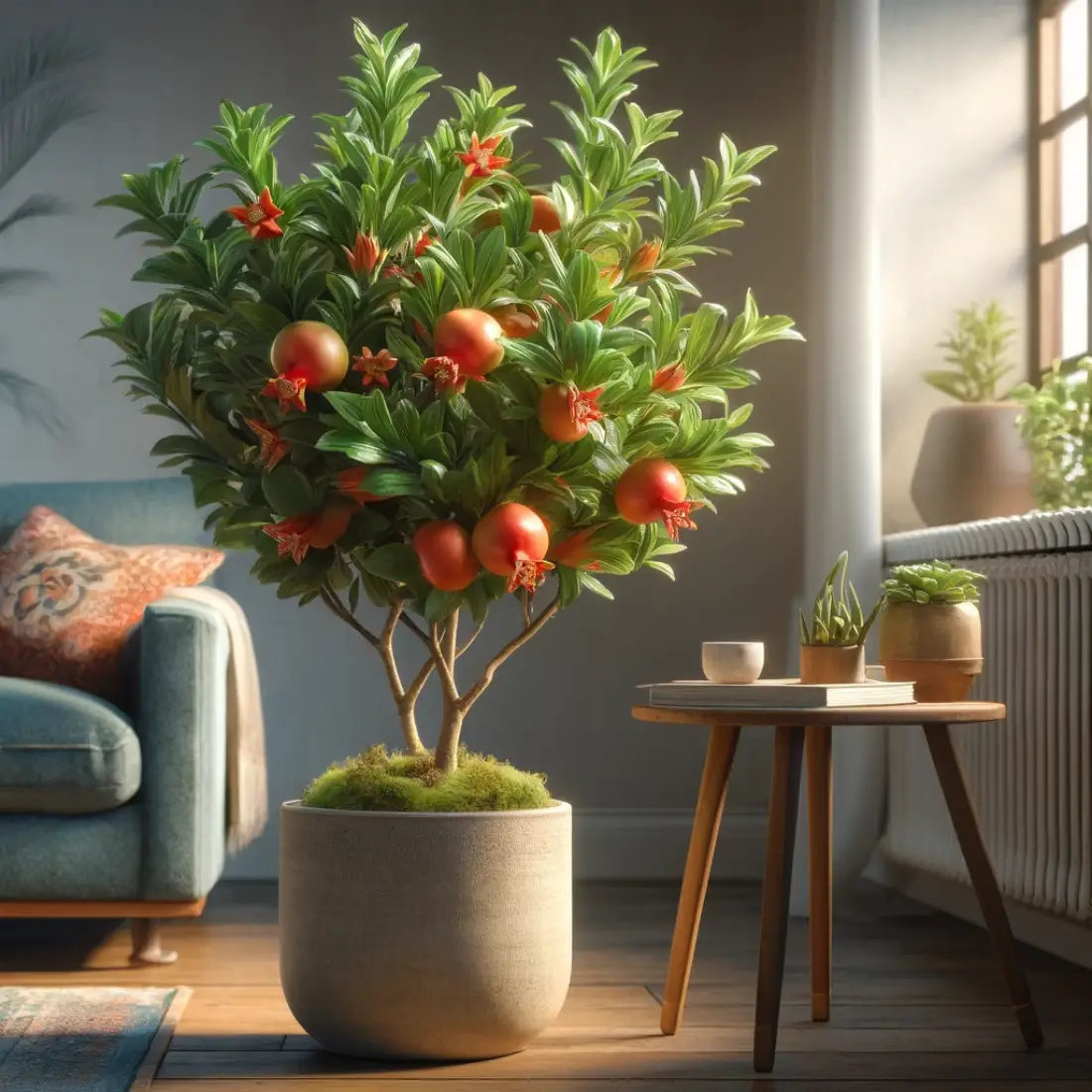 Dwarf pomegranate plant with green leaves, orange-red flowers, and small pomegranates in a stylish pot in a cozy living room with natural light, an armchair, a side table, and decorative pillows.