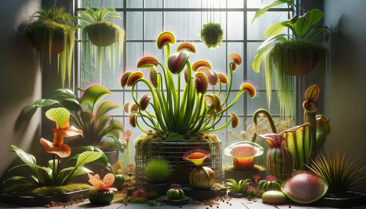 Detailed view of a Venus flytrap, pitcher plant, and sundews in a naturalistic indoor garden setting with simulated sunlight