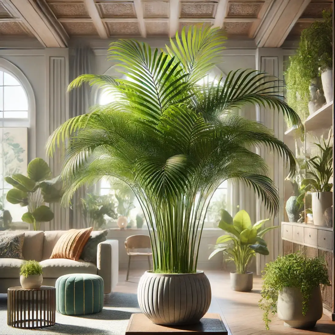 Indoor Cat Palm plant with dense, arching fronds in a cozy living room with natural light, enhancing decor.