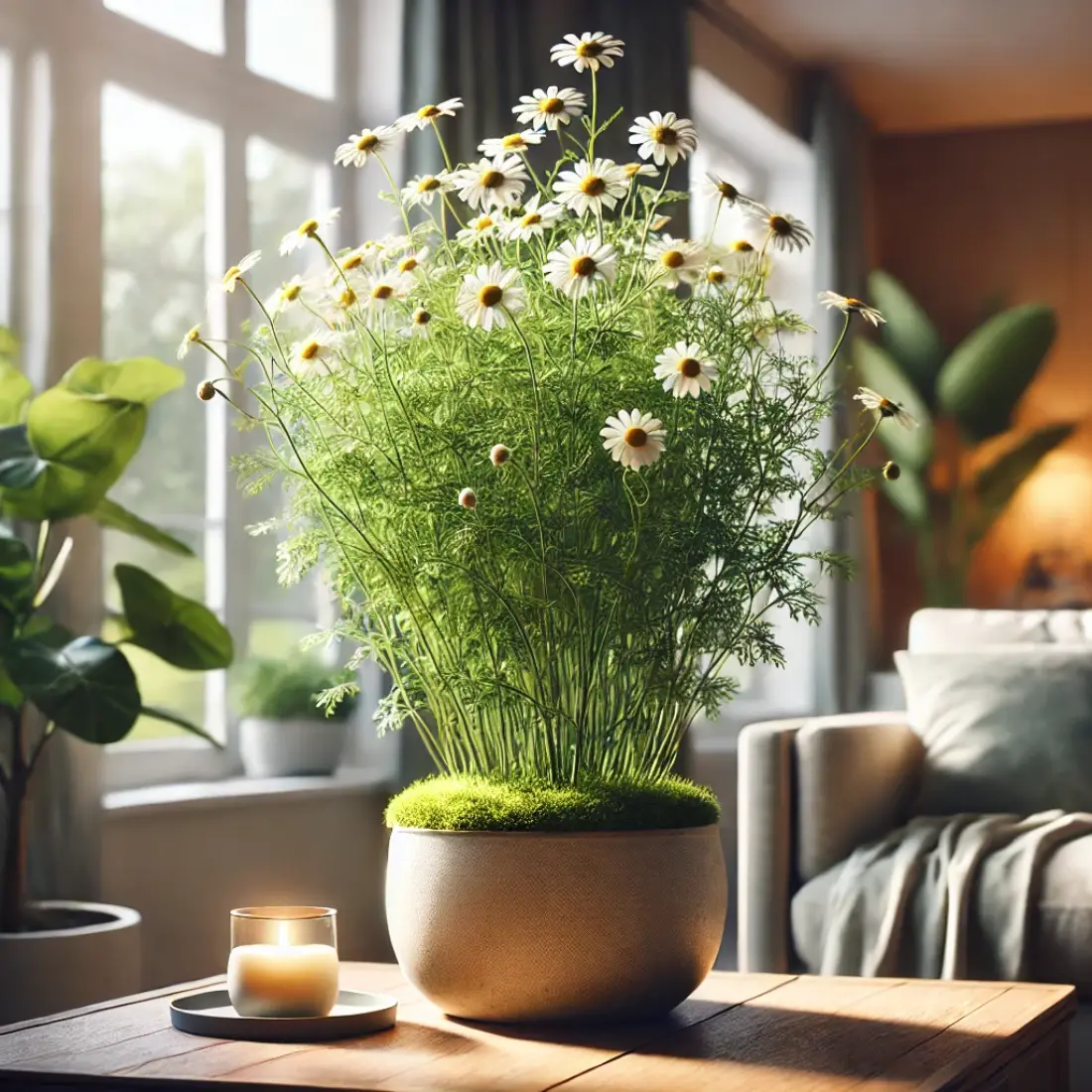 Cozy home with a well-lit indoor garden featuring a lush chamomile plant with white flowers and yellow centers in a stylish pot, highlighted by partial sunlight.