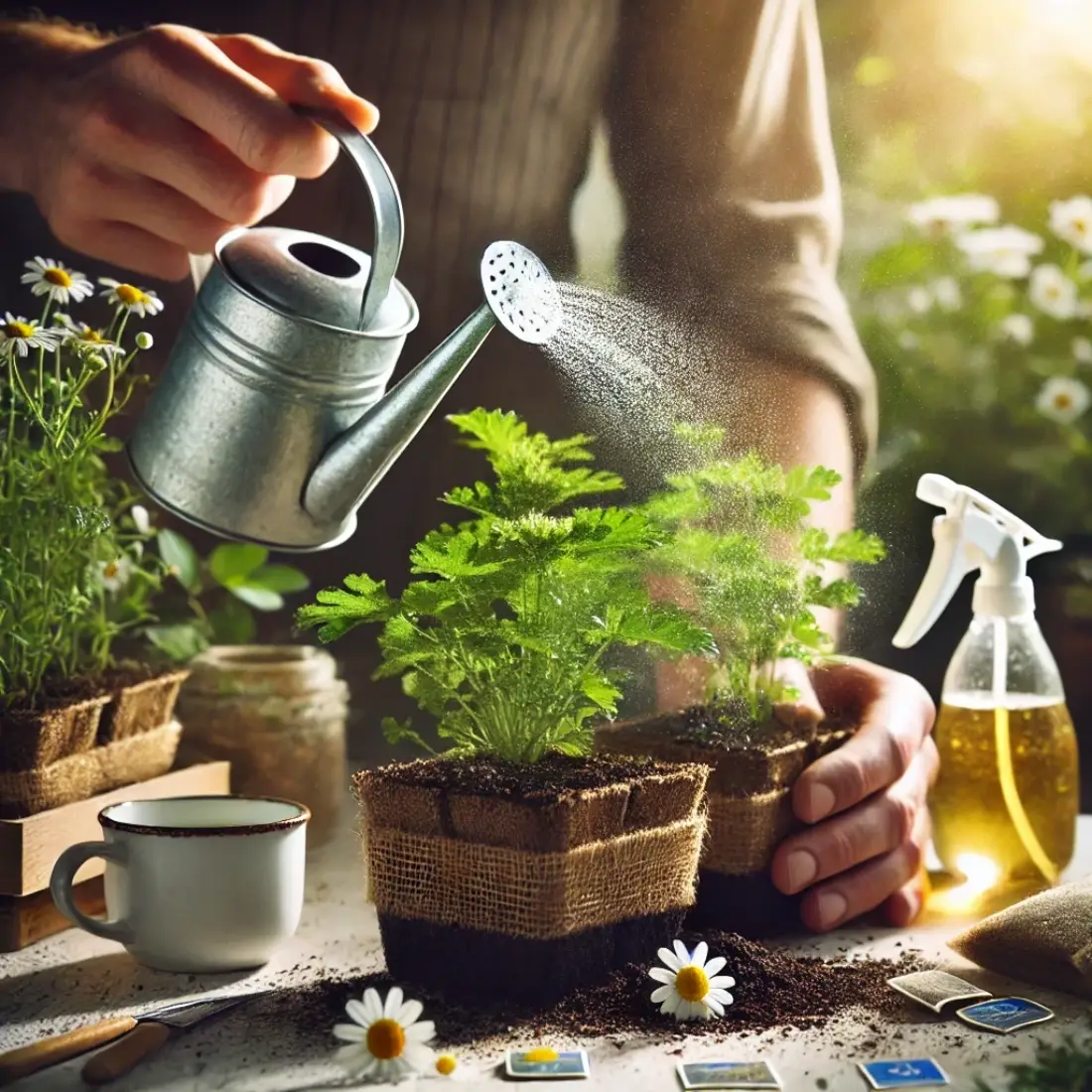 Hands demonstrating soil drenching and foliar spraying on seedlings using chamomile tea in a clean, sunlit setup.