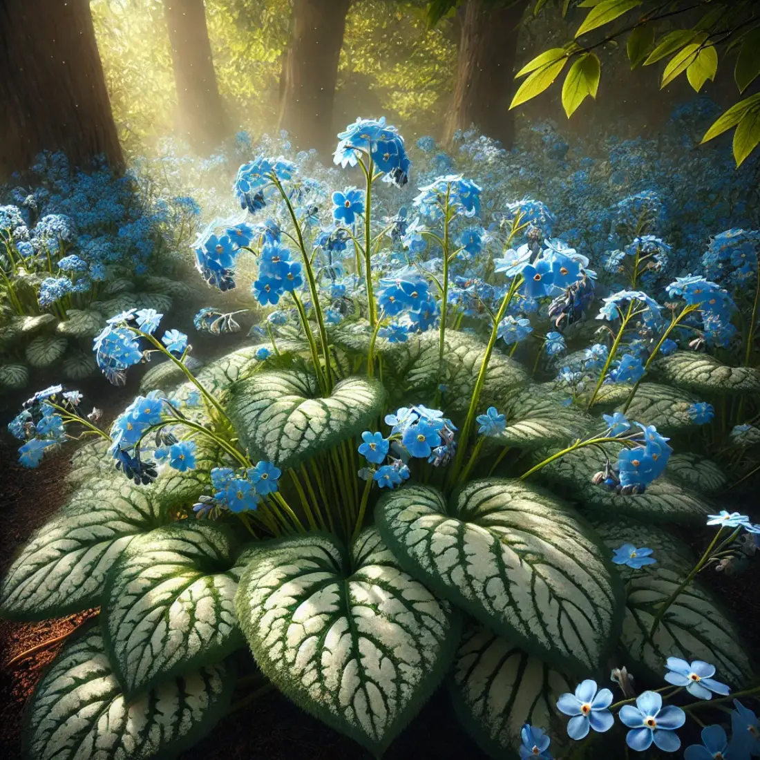 Shaded garden with Brunnera plants showcasing heart-shaped, silver-marked leaves and delicate sky-blue flowers resembling forget-me-nots.