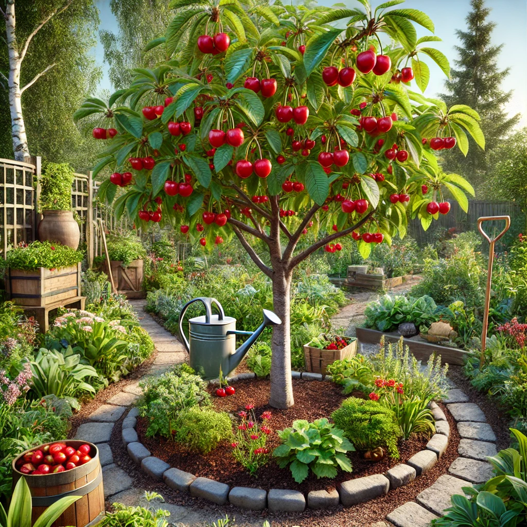 Cherry tree full of ripe red cherries in an organic garden, surrounded by greenery, compost, garden tools, a stone path, and a wooden fence.
