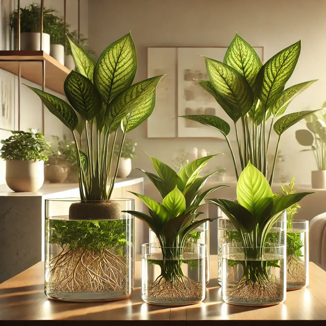 Modern indoor setting with water-grown aglaonema in clear glass containers on a wooden shelf, thriving in low to moderate light and warm, humid conditions.