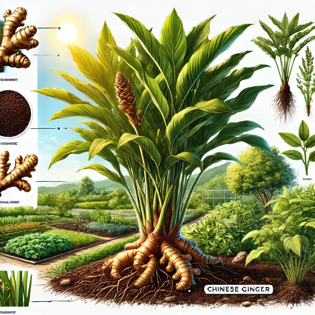 Chinese ginger plant with lush green leaves and knobby rhizomes in an organic garden, labeled "Chinese Ginger" in the lower right corner.