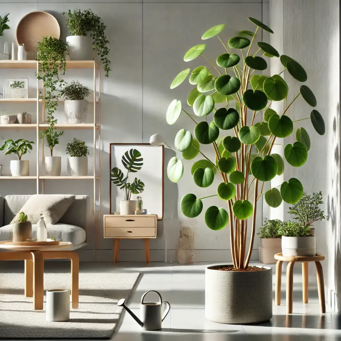 Indoor scene with a young, compact Chinese Money Plant featuring round, coin-shaped leaves in a stylish pot, set in a bright, contemporary room with minimalistic decor.