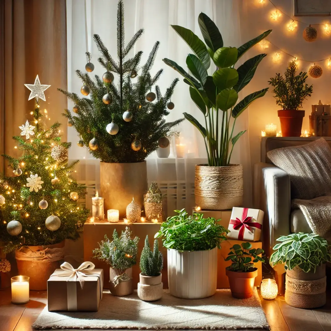 Potted Norfolk Island pine, ficus, and evergreen tree decorated with string lights and ornaments, surrounded by gifts in a cozy holiday room.