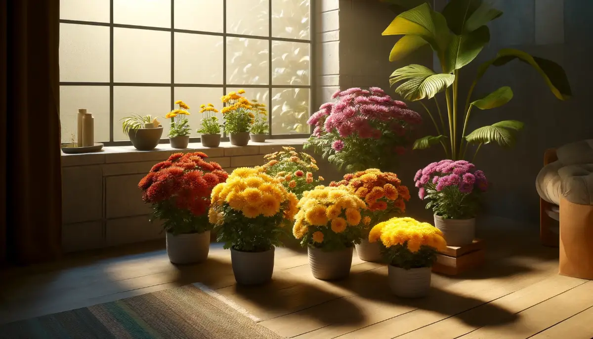 Chrysanthemums in full bloom in colorful pots near a window, soft sunlight enhancing the vivid yellow, red, and purple flowers