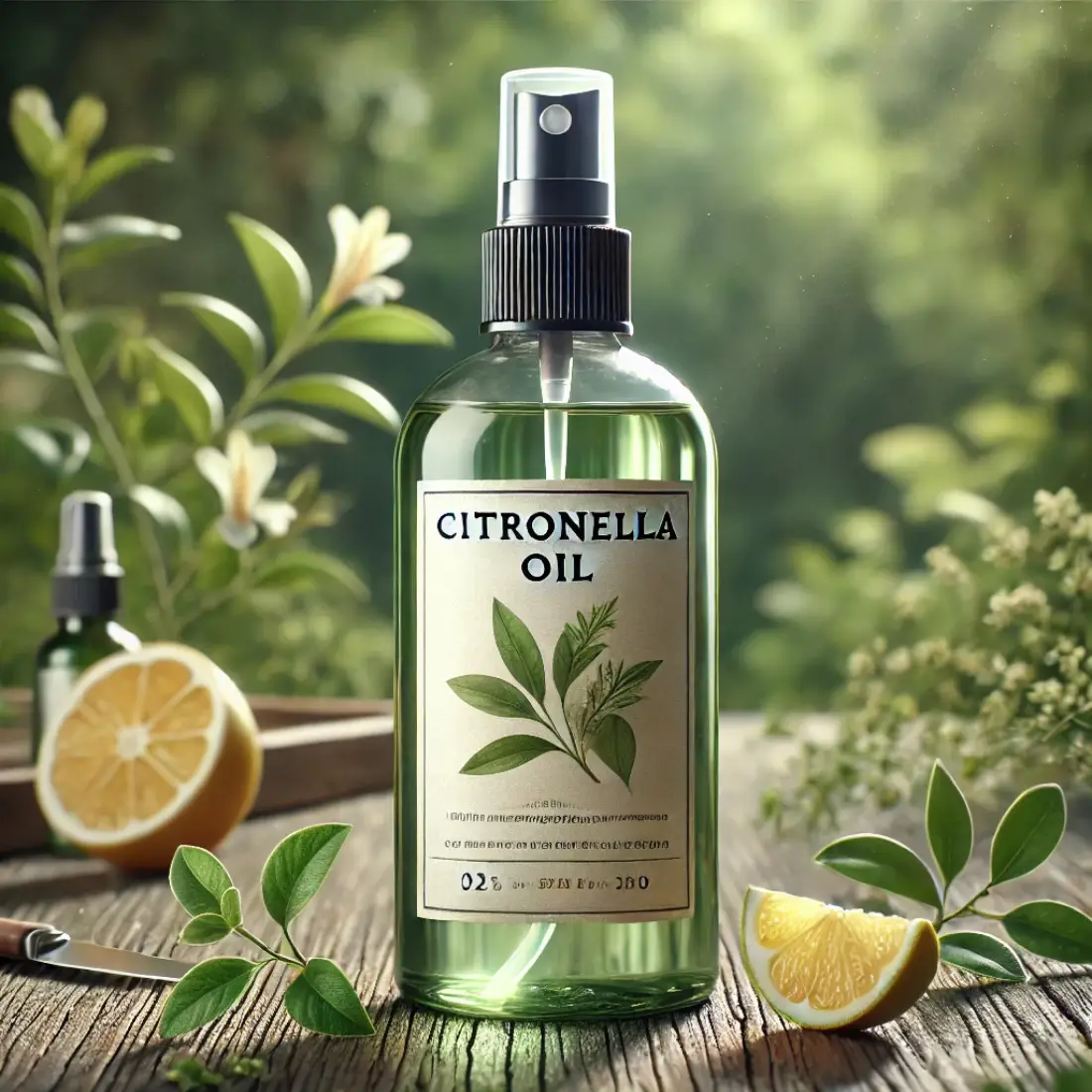 A clear spray bottle labeled "Citronella Oil" on a rustic wooden table, surrounded by green leaves, wildflowers, and citrus slices, with a blurred, leafy background.