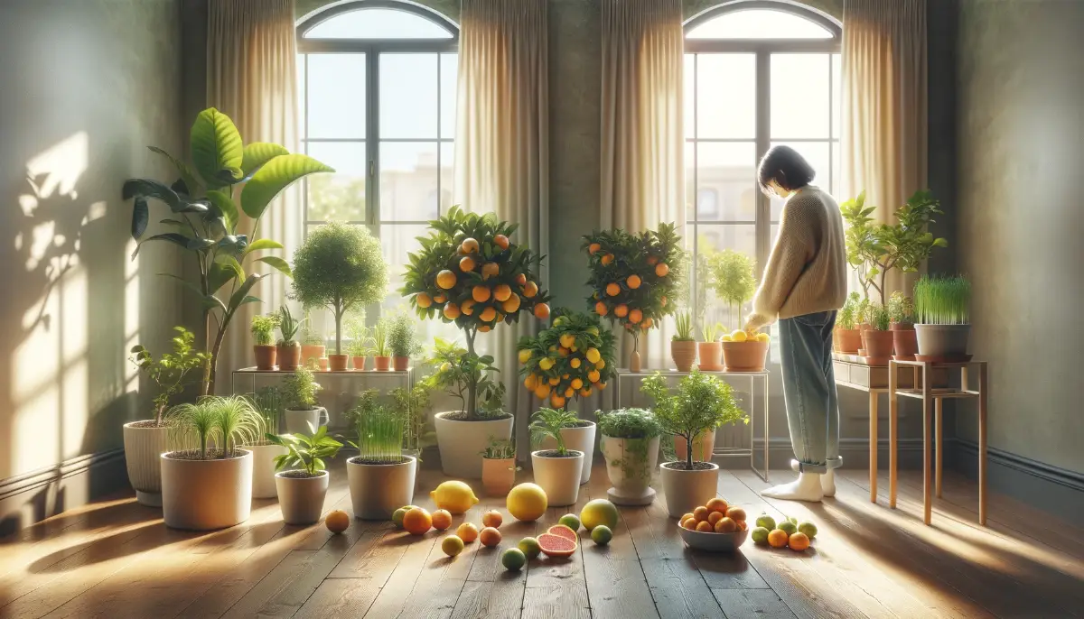 Person tending to potted citrus plants including lemons and grapefruits in a sunlit indoor room, symbolizing vibrant home gardening.