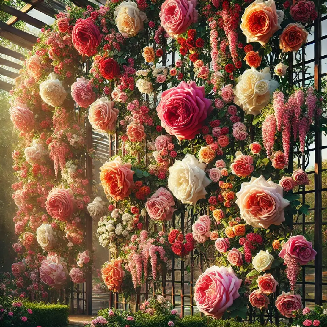 Climbing Roses in red, pink, white, and orange blooms draped over trellises, adding height and beauty to a lush garden.