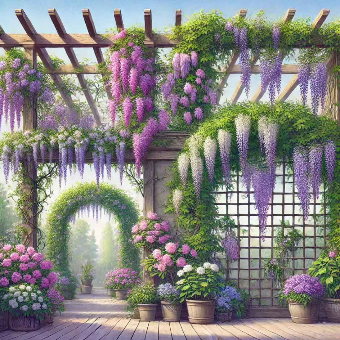 A garden scene with Clematis, Wisteria, and Ivy climbing over trellises, fences, and walls, featuring vibrant blooms and dense green foliage that adds height and dimension.