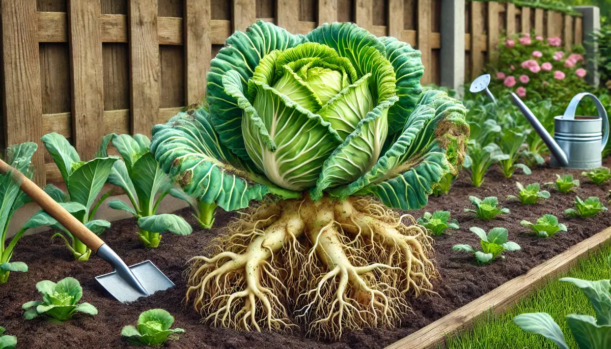 Cabbage plant with swollen, distorted roots and wilted, discolored leaves, showing symptoms of clubroot in a garden setting.