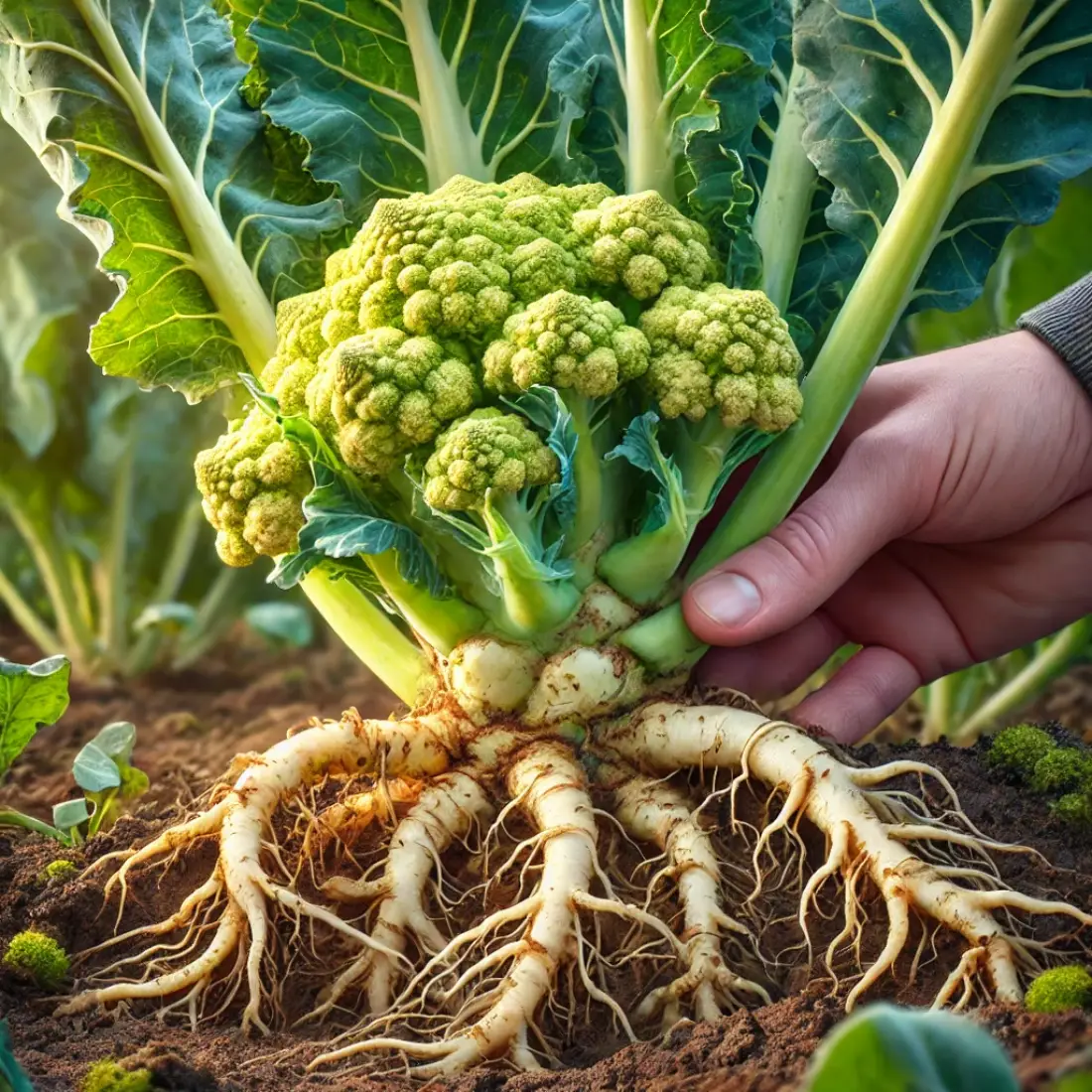 Detailed view of swollen, distorted roots and wilting leaves on cabbage, broccoli, and cauliflower affected by clubroot disease.