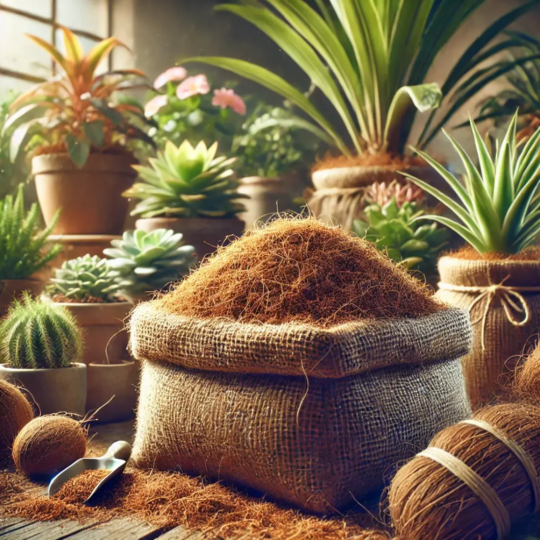 Close-up of coconut coir pile with fibrous texture, surrounded by healthy houseplants and garden tools in natural light.