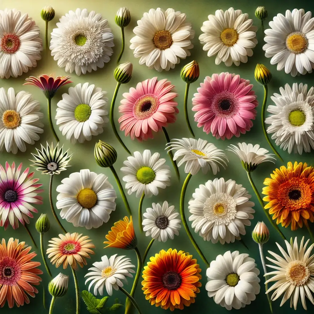 A collage featuring fewer flowers of different daisy species, including Shasta, Gerbera, Oxeye, African, and Gloriosa daisies, on a green gradient background.